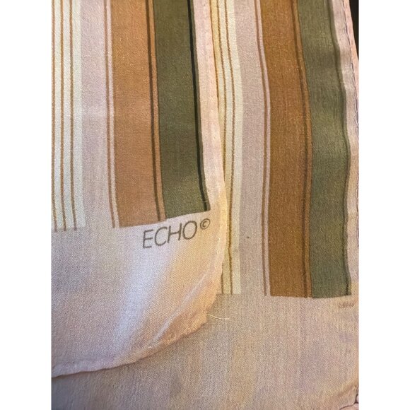 Vintage Echo Striped Silk Scarf Beige Green/Rectangular Elegant Vintage 70s - Picture 2 of 4
